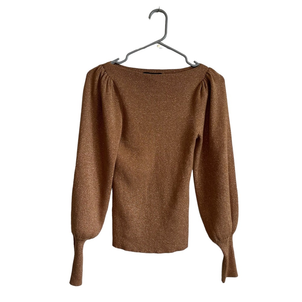 Ann Taylor Petite Shiny Gold Puff Sleeve Woven Sweater Top Women’s S Slim Fit